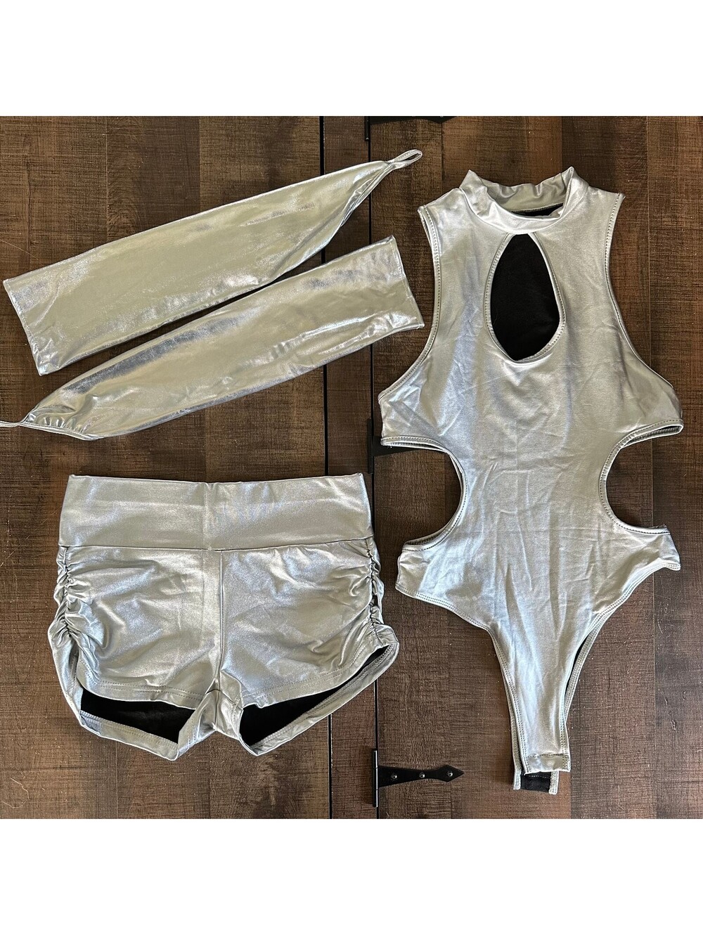 Shein Silver Metallic Cutout Bodysuit Set with Arm Sleeves and Ruched Shorts S